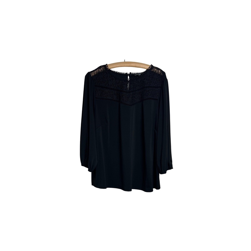 Adrianna Papell Blouse Women Size 2X Black Crochet Lace Inset Long Sleeve E09